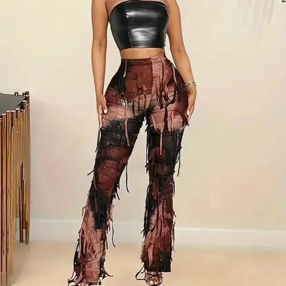 Tassel Mesh Tie Dye Flare Leg Pants (Color: Black/Multicolor) - Picture 2 of 5